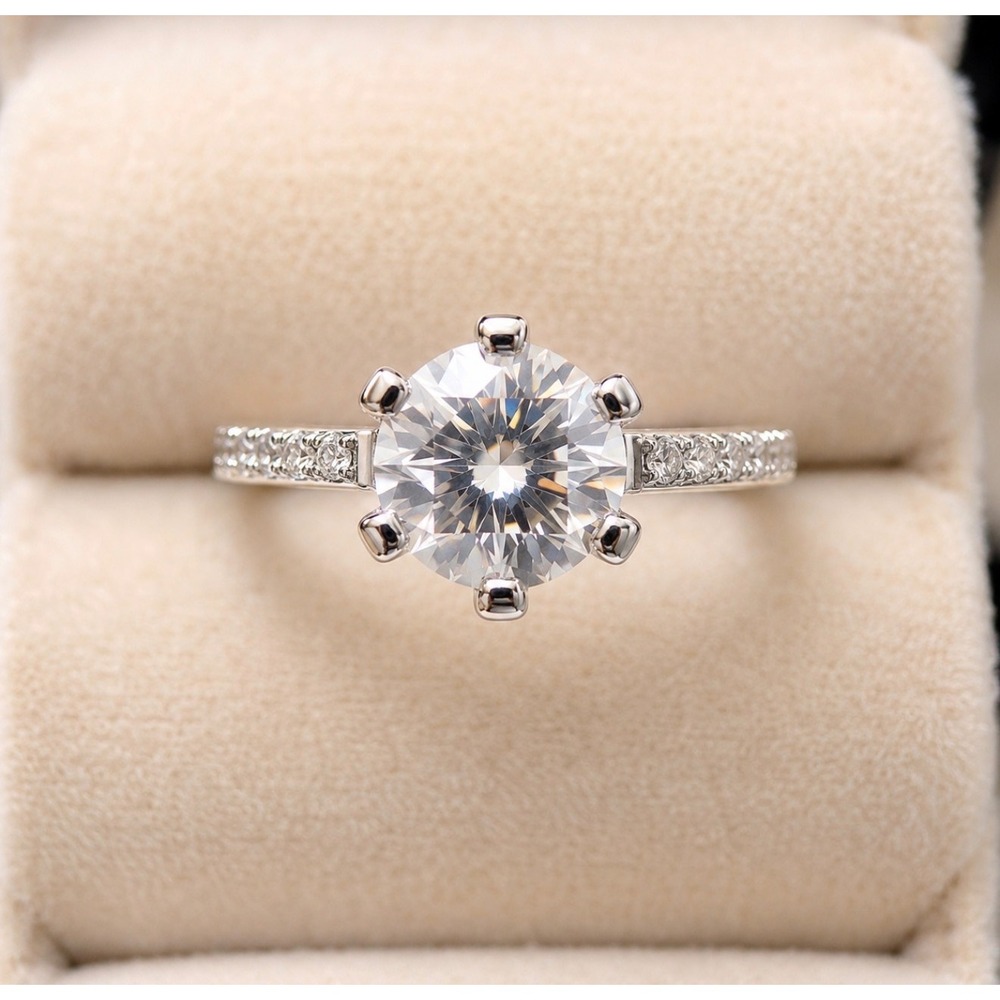 2CT Moissanite Solitaire Ring 18K White Gold Plated Adjustable Pave Band GRA